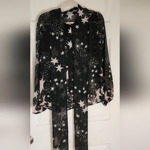 Eva Mendes (NY & Co) Sheer tie-neck button-down